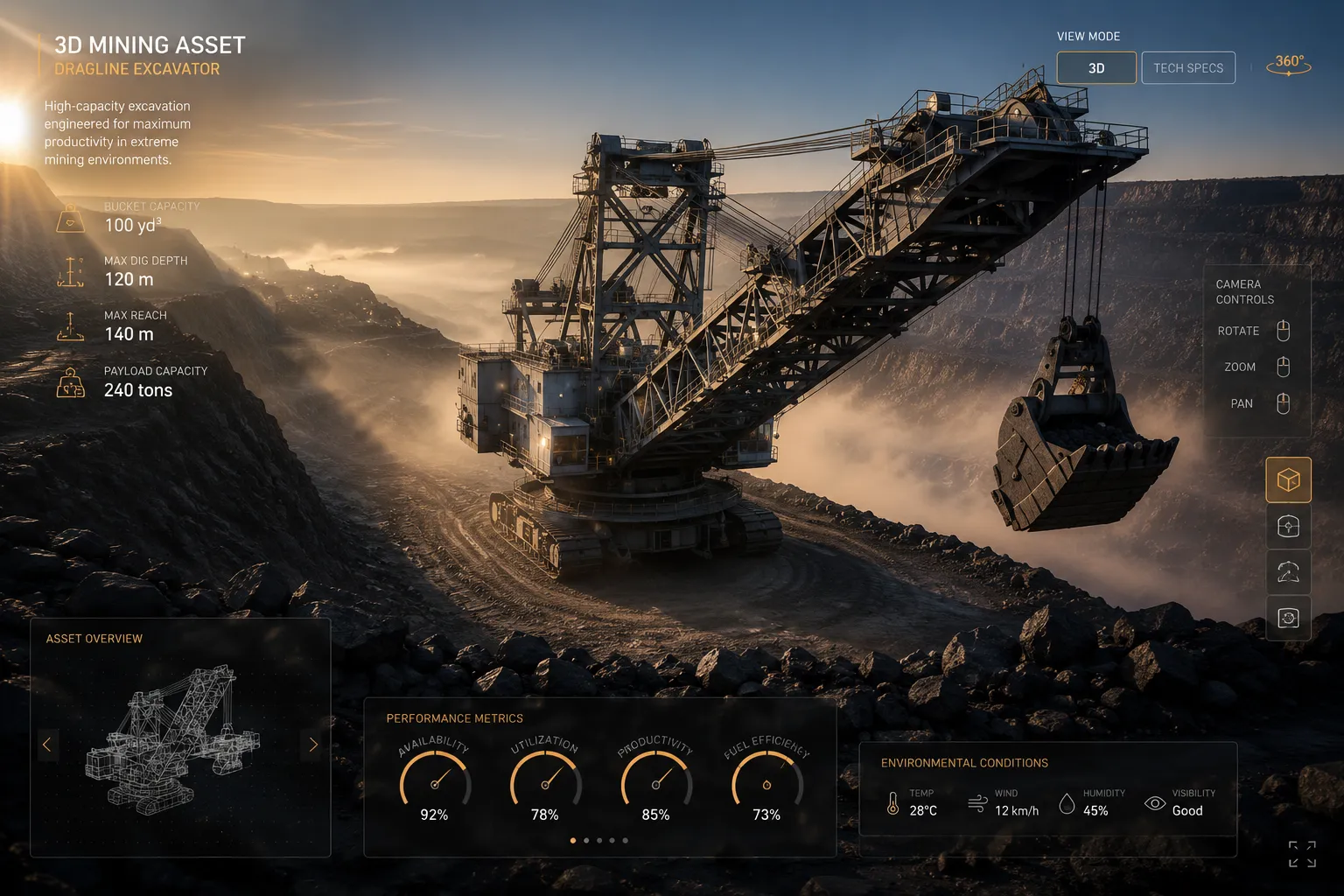 Large dragline excavator in a realistic mining environment