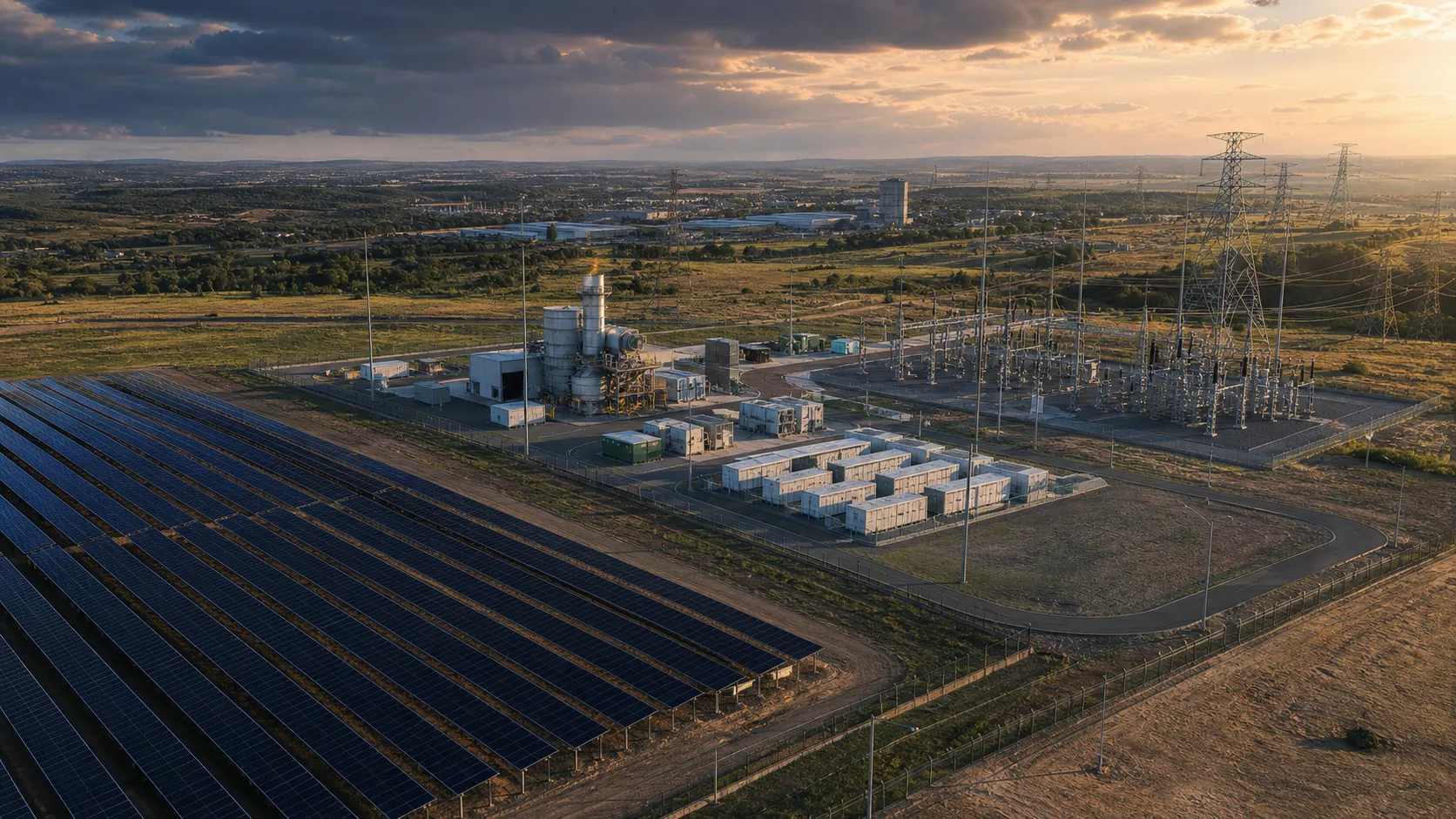 Aerial concept visual of a hybrid solar, gas-to-power and battery energy development